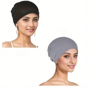2pcs/set Classic Undercap Solid Color Elastic Headwraps Breathable Beanies Hats Ramadan Turbans For Women