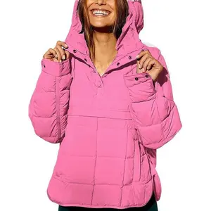 Women's Oversized Puffer Jacket - Lightweight Quilted Hooded Coat - Warm Winter Pullover with Padded Hood Casual Pocket