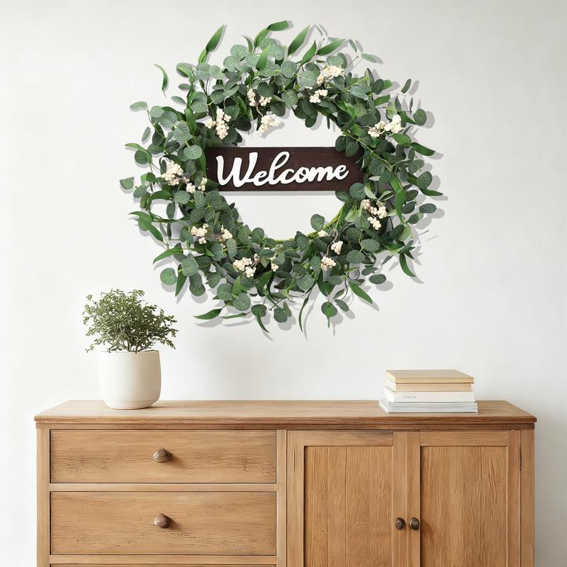 ZMOCEN A Green Eucalyptus Spring/Summer Wreath With A Welcome Sign, Featuring Artificial Spring/Summer White Berries. Suitable For Front Doors, Walls, Windows, Festive Occasions, Farmhouses, Porches, Patios, And Wedding Season Decorations (White + Green).