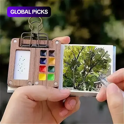 Mini Travel Watercolor Palette Set, 5 Counts/set Wooden Paint Box with Sketchbook, Watercolor Paints, Color Pigments, Refillable Water Brush & Clip for Indoor & Outdoor, Travel Painting, Artistic Supplies #GLOBAL PICKS