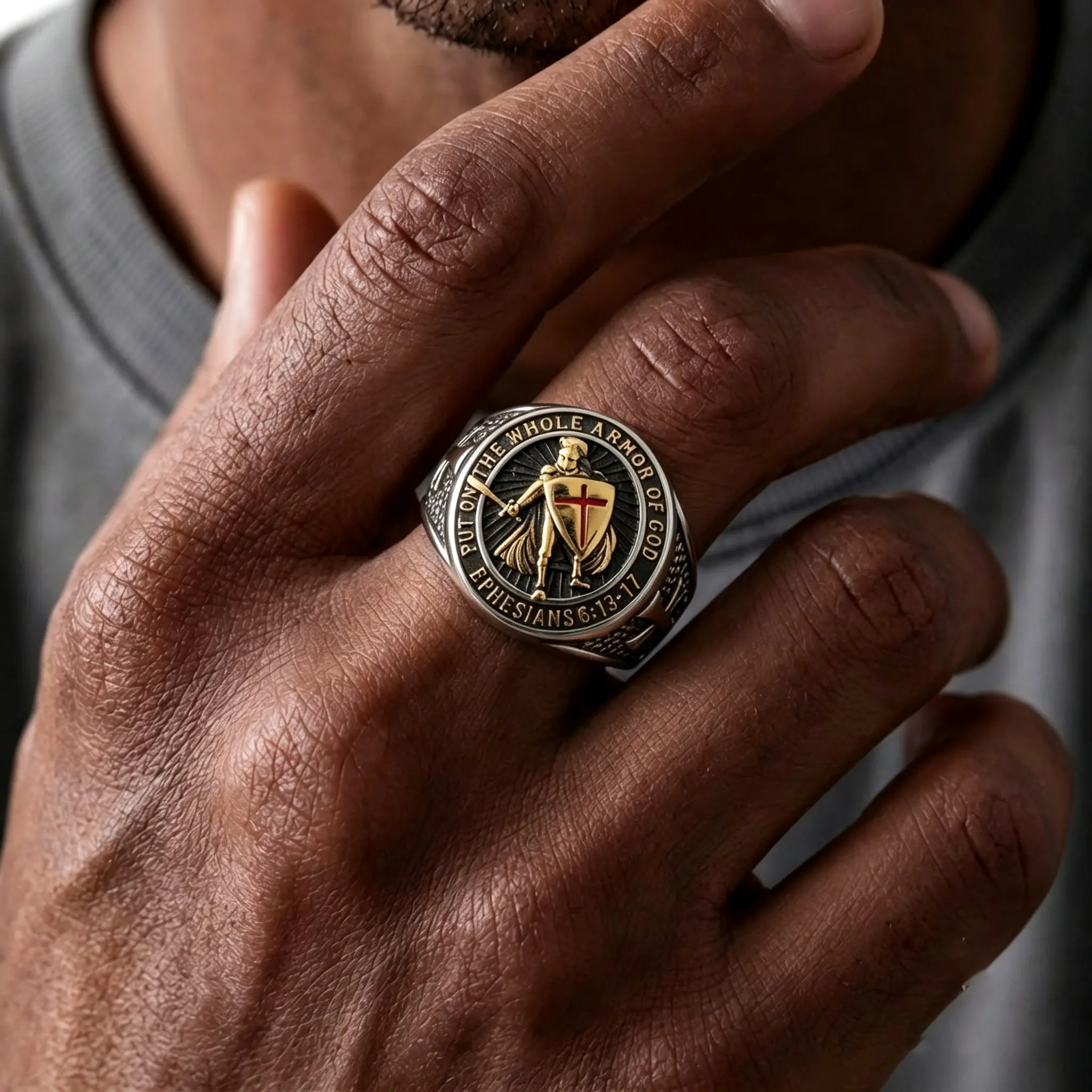 Christian Ring Knights Templar Put On The Whole Armor Of God Ephesians 6:13-17 Red Cross Design Men's Religious Catholic Ring,Biker Punk Cocktail Party 316L Stainless Steel Rings For Men Gift