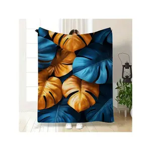 Tropical Blue & Gold Monstera Leaf Artistic Plush Throw Blanket
