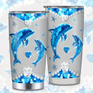 20-ounce dolphin-print stainless steel lidless travel cup - reusable coffee cup, suitable for hot/cold drinks, hand-wash only, with lid, elegant ocean-themed gift Drinkware Flasks Tumbler   Bottled Mug bartender water bottle