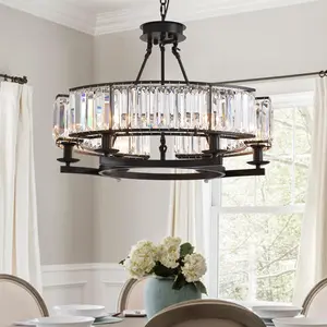 Round Crystal Chandelier 6 Lights Hanging Chandelier Pendant Light Ceiling Fixture Black Iron Frame for Dining Room Living Room Farmhouse D26 Inch x H20 Inch