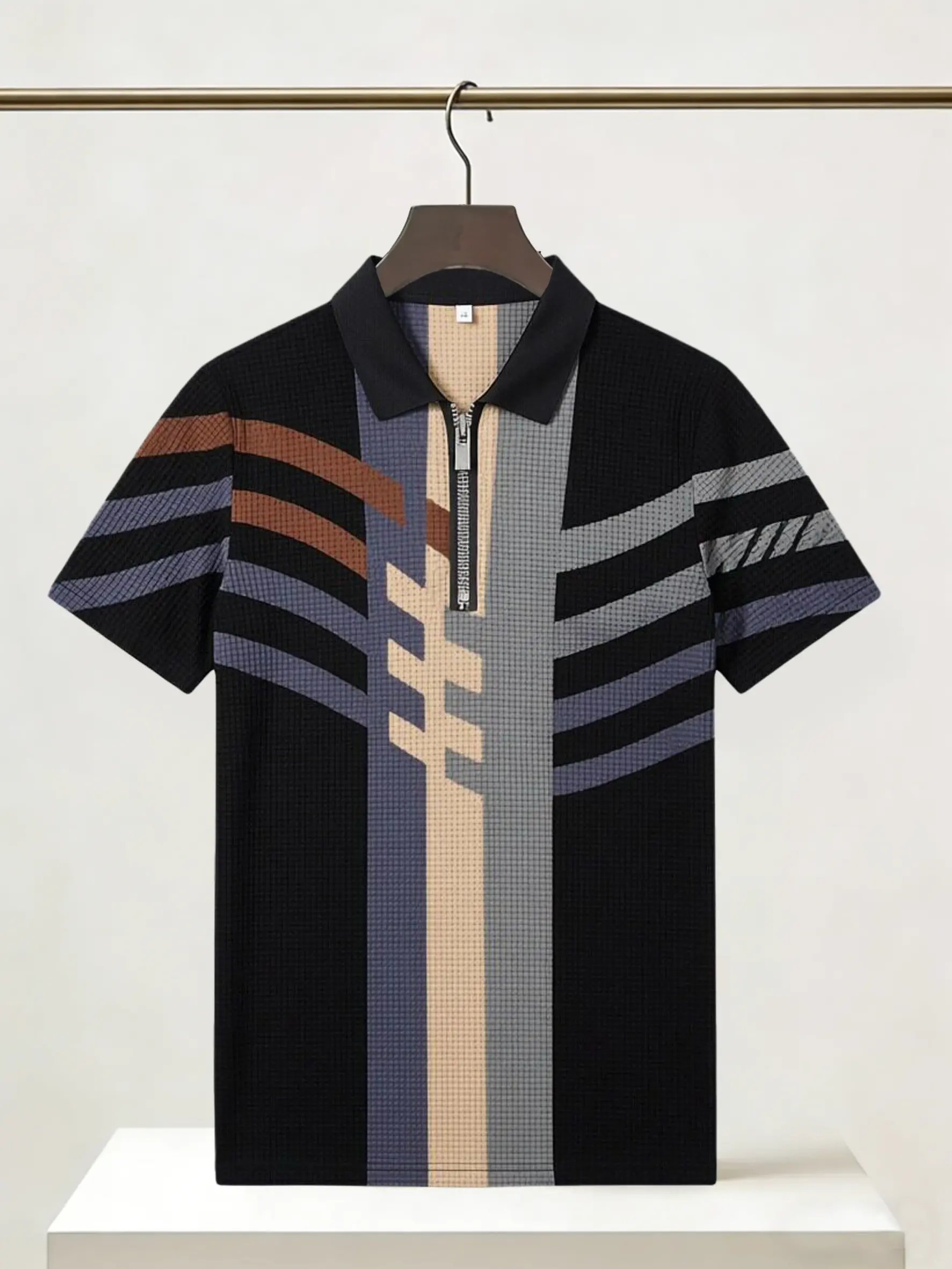 Men's fashion color-block printed short sleeve zipper shirt, lapel pullover top, men's summer wear.