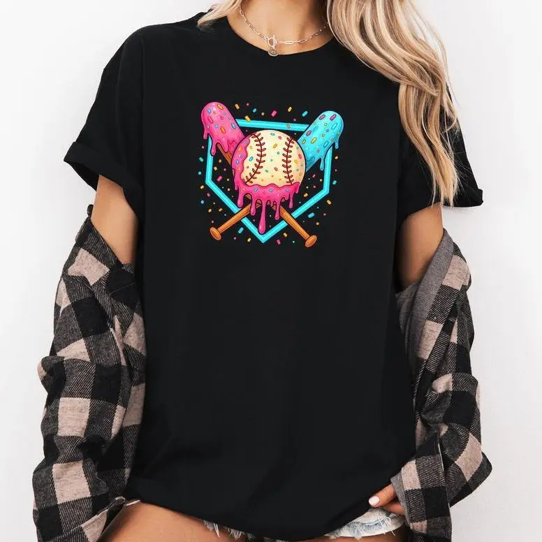 Baseball Drip Ice Cream Graphic For Kid-Mama T-Shirt Unisex Short Sleeve Casual Cotton, Full Size, Full Color