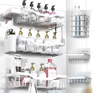 Shower Caddy Adhesive Shower Organizer 8-Pack, Rustproof Stainless Steel Bathroom Shelves, Large Capacity No-Drill Rack Storage Accessories with Soap Dish Toothbrush Holder Hooks