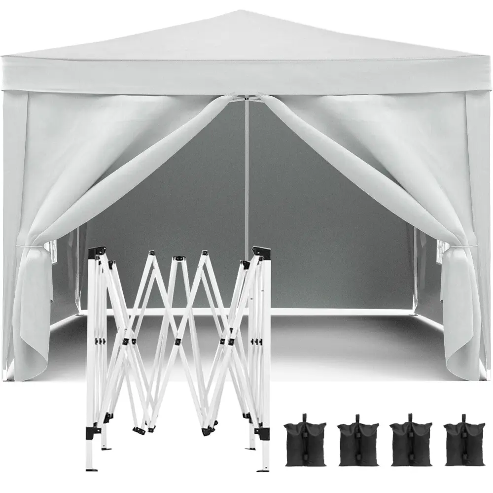 10'x10' Sturdy Carbon Steel Adjustable Oxford Fabric Folding Canopy with 4 Removable Sidewalls, UPF 50+ Outdoor Event Shelter Gazebo for Small Business Parties, Portable Pop Up Tent with Weight + Carry Bag (Old Sku: W2185P194727)