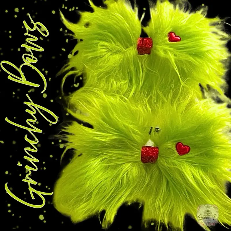 Green Christmas Bow with Red Glitter Heart - Furry and Soft