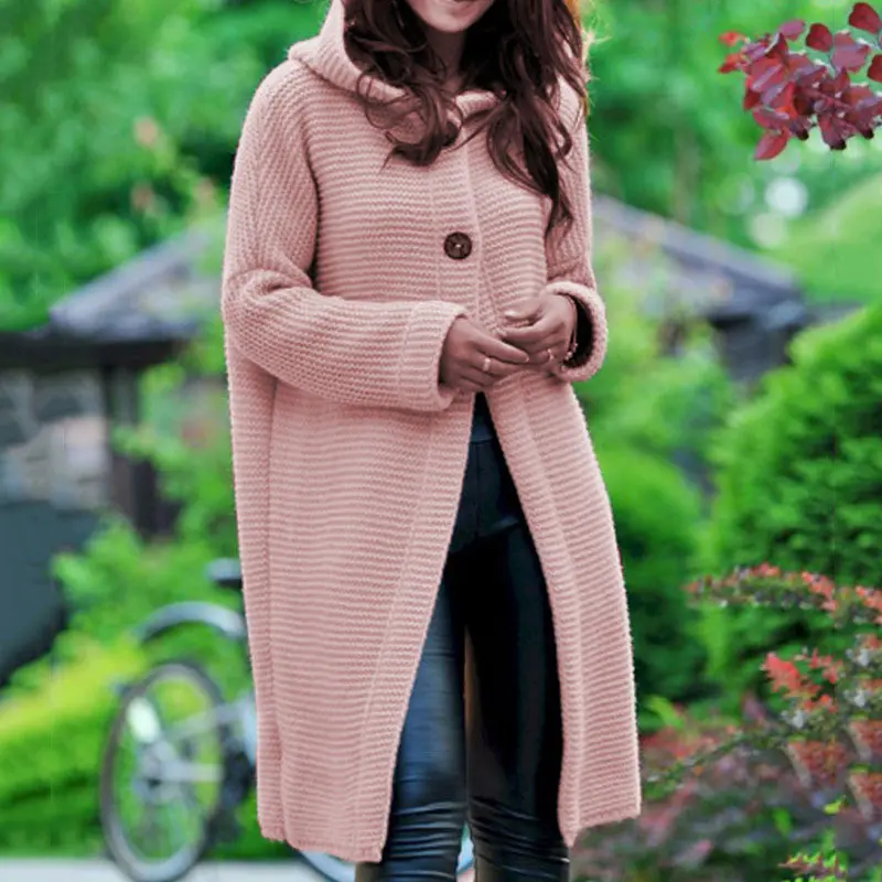 Women's Spring Solid Button Front Hooded Crochet Midi Cardigan Sweater, Basic Drop Shoulder Longsleeves Cardigan for Women, Kitting Tops, Outerwear for Fall, Lady Outfits, Cardigan for Women