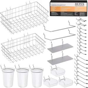 30 count Peg Board Organizer Accessories Kit, Pegboard Hooks Assortment with Bins, Cups, Wire Baskets and Paper Towel Holder for 1/8" and 1/4" Pegboard Garage Workbench Craft Room Organizing Tools