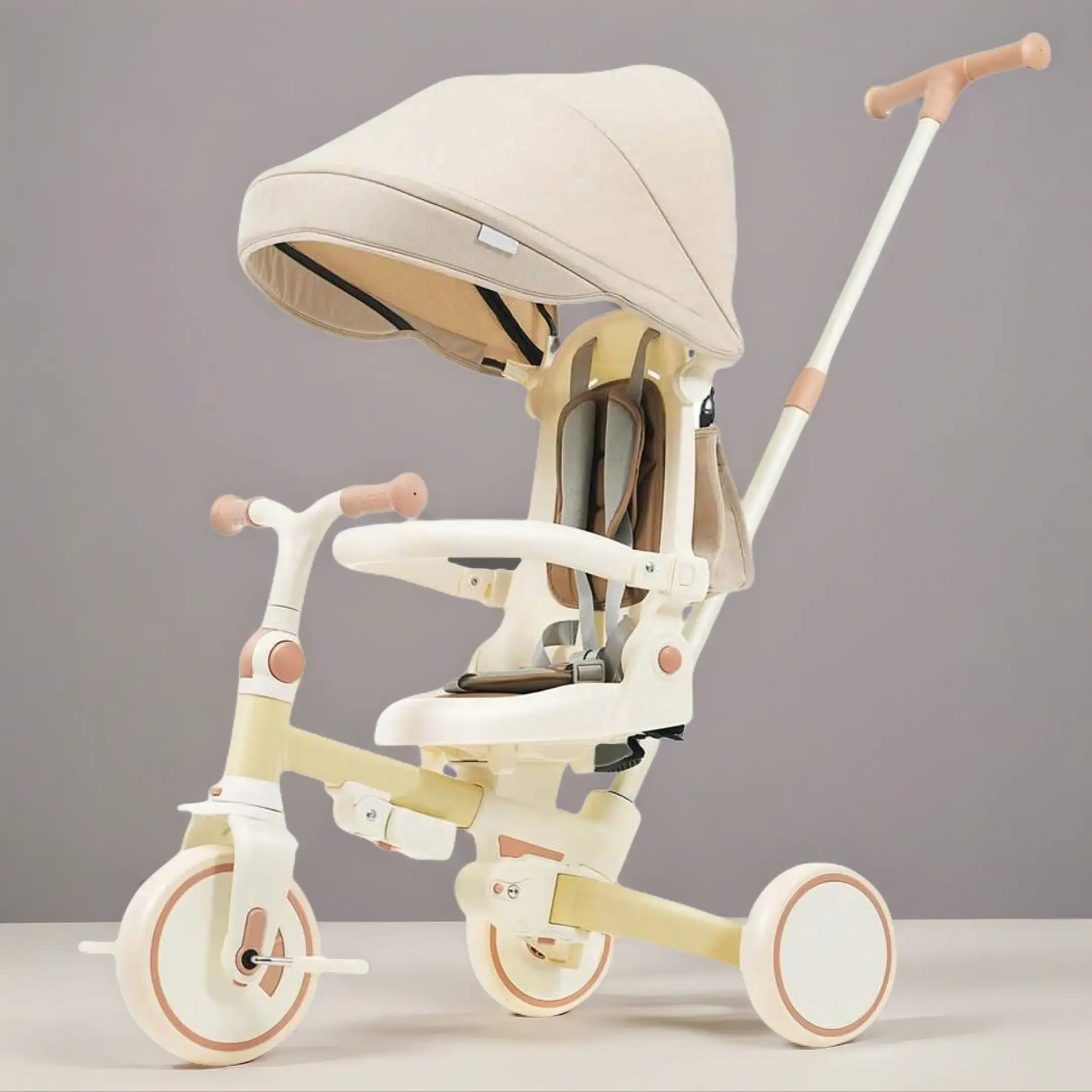 7-in-1 Foldable Toddler Tricycle, Convertible Balance Bicycle for Ages 12-72 Months with Removable Parent Handle, Adjustable Canopy & Guardrail