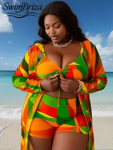 Briza｜Stretchy Tie Front High Waisted Bikini Sets In Orange Green Geometric Print With Swim Shorts Set Women And Kimono Cover Up For Plus Size Swimwear And Plus Size Swimsuits As Vacation Swimwear For Women And Chic Bathing Suit Women Set