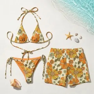 [HOT SUMMER 2026] Matching Retro Floral Couple Swimwear Set – 60s 70s Bikini & Men’s Shorts Set, Vintage Beach Outfit, Honeymoon Gift for Couples