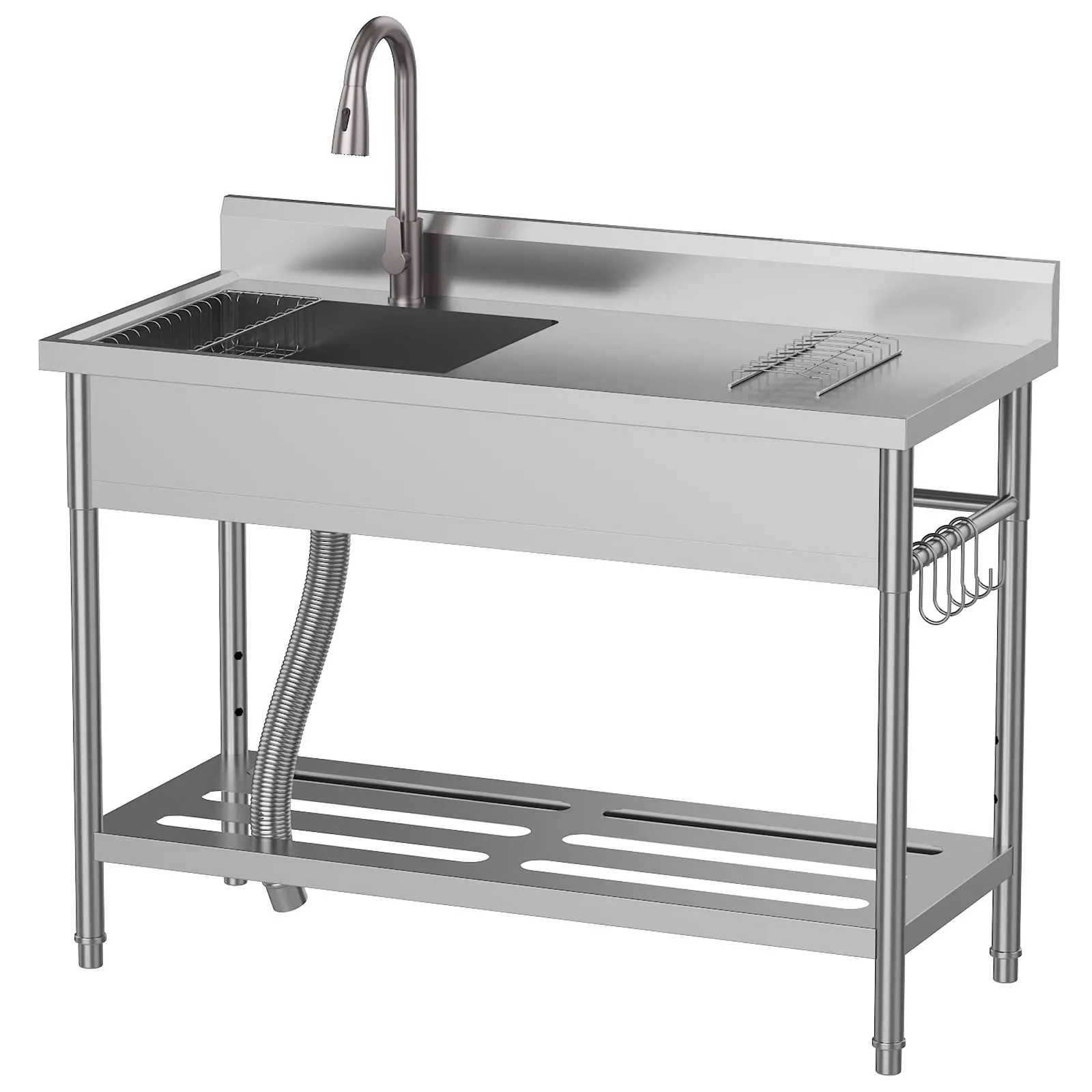 Spacious 47" x 22" Gray Freestanding Stainless Steel Laundry Sink with Pull Down Faucet & Large Workbench Top, Perfect for Laundry Room, Garage and Mudroom, 47X22 In, Pull Down Tap