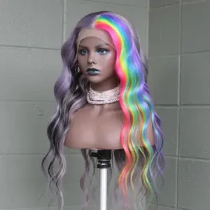 26" Human Hair Lace front wig, Half Silver-Lilac & Half Vertical Rainbow with Black highlights
