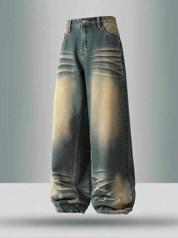 Men's vintage washed loose straight-leg jeans, casual four-season street style, zipper fly, solid color pattern, daily wear denim pants. If you prefer a looser fit, order one size larger.