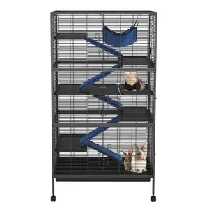 59" H Small Animal Cage, 6-Tier Critter Nation Cage with Ramps, Platforms, and Tray, Rolling Lagre Metal Ferret Cage for Guinea Pigs, Rabbits, Hamsters, Black