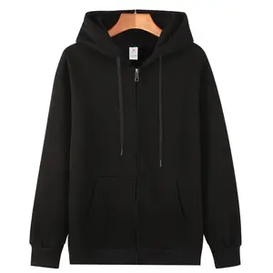 Men's Plain Long-Sleeve Hooded Fleece Jacket - Casual Sweatshirt Hoodie, Unisex Autumn-Winter Warm Zipper-Closure Menswear Top, Black