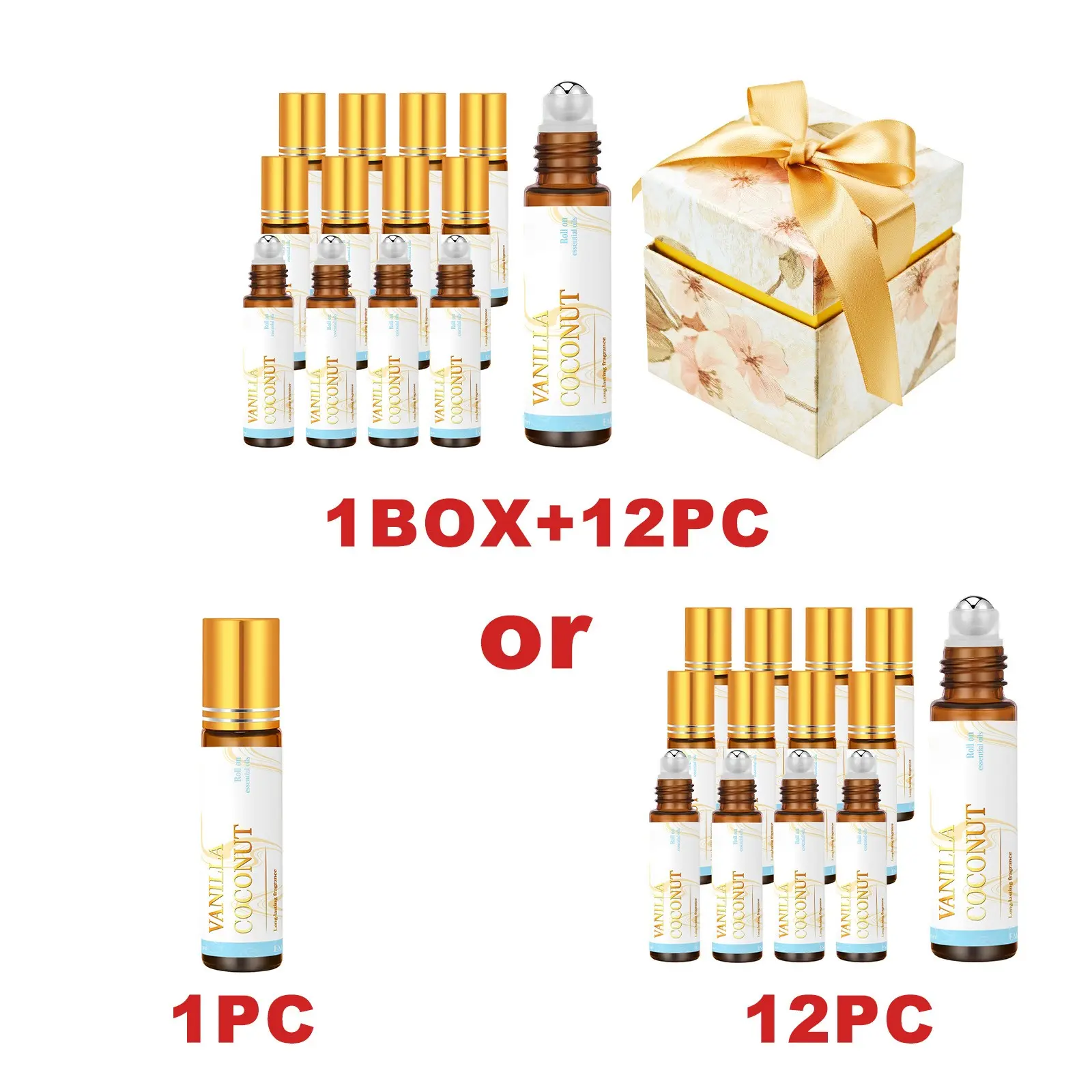 12-Piece Vanilla Coconut Essential Oil Set, 10 ml Roll-On Massage Premium Aromatherapy Oil, Fragrance Oil, Alcohol-Free, Long-Lasting Aromatic Scent for Home Décor & Car Air Fresheners, Gift Box, Aromatherapy Scented Oils