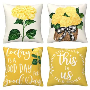 Yellow hydrangea summer pillow cover, today is a good day, deep yellow cushion cover decoration, suitable for sofas, 4-piece set double-sided printing