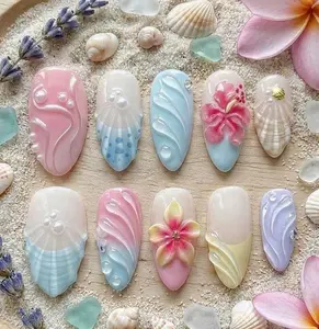 Pastel Ocean Press On Nails: 3D Flowers, Seashells, Mermaidcore Gel Design