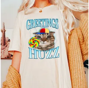 Lollipop Cat Meme Greetings Huzz Funny Silly Cat Brainrot tshirt
