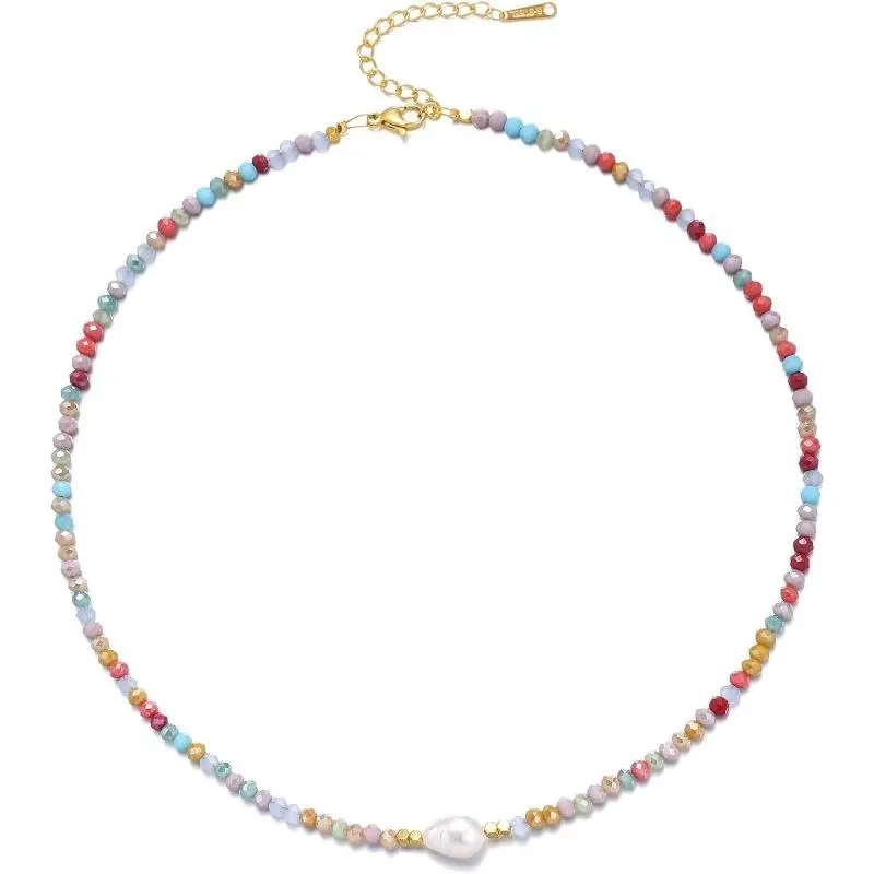 Bohemian Pearl Beaded Necklace for Females, Choker with Faceted Crystal Beads and Secure Metal Clasp, Adjustable Handmade Pearl Chain Necklace, Metal Clasp For Secure Wear, Handmade Unique