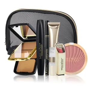 7-Piece Cosmetic Set with Travel Makeup Bag, Includes Mascara, Eyeliner, Lipstick, Blush, Primer, and Dual-Layer Setting Powder for Long-Lasting Waterproof Makeup, Makeup Kit Set