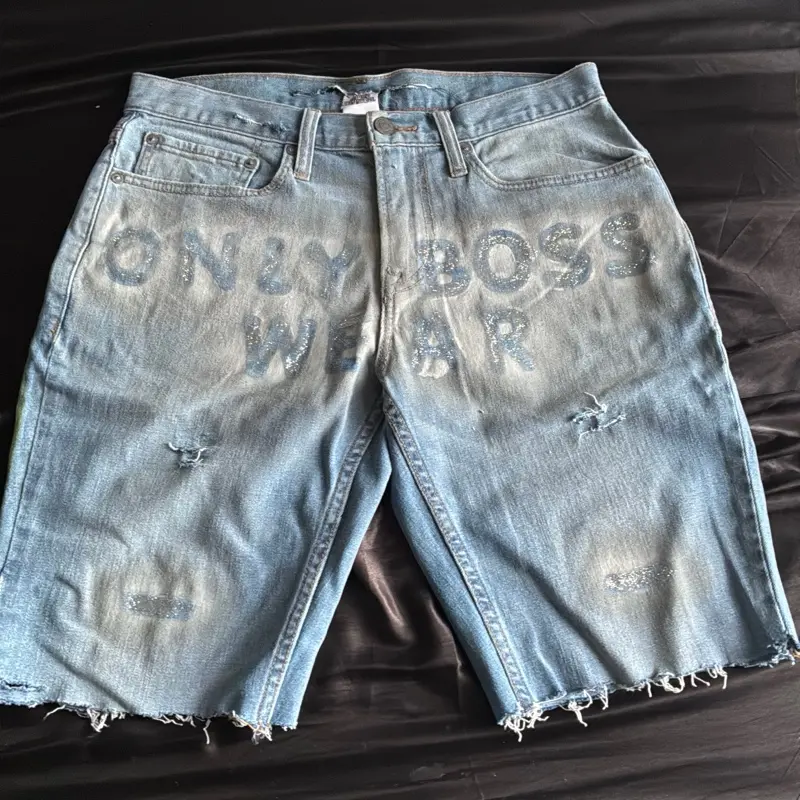 Sky Blue Boss Wear Distressed Denim Shorts, Size 30,  Bottom