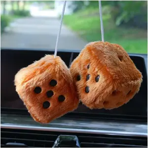 Pair of Retro Square, 3 inch Fuzzy Plush Dice with Dots, Car Mirror Hanging Decoration, Auto Rearview Mirror Ornament, Car Interior Accessories (Brown)