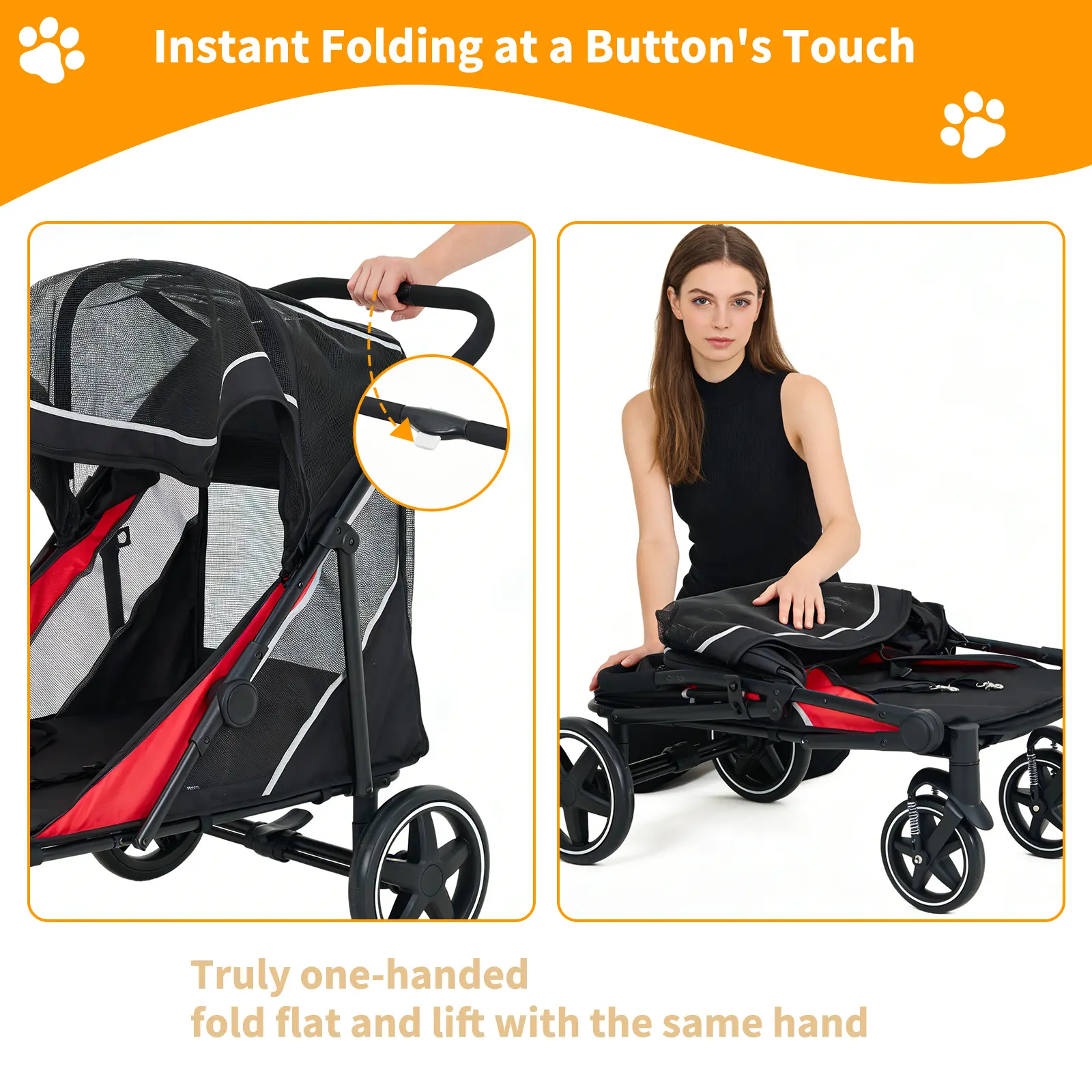 Heavy Duty Extra-Large Dog Stroller – One-Hand Fold, All-Terrain 28cm Wheels, Double Entry, Removable Mattress, Storage Basket, Ventilated, For Large Dogs, 112×65×100cm, Black & Bright Rust