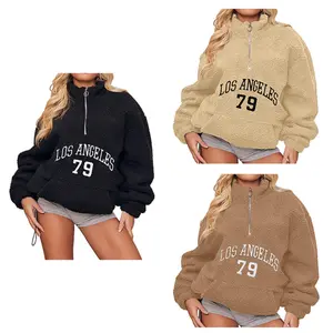 DUTUT Women Cozy Fleece Pullover Half Zip Oversized Fleece Embroidered Sweatshirt  Fuzzy Sweater with Pockets Zipper Fluffy