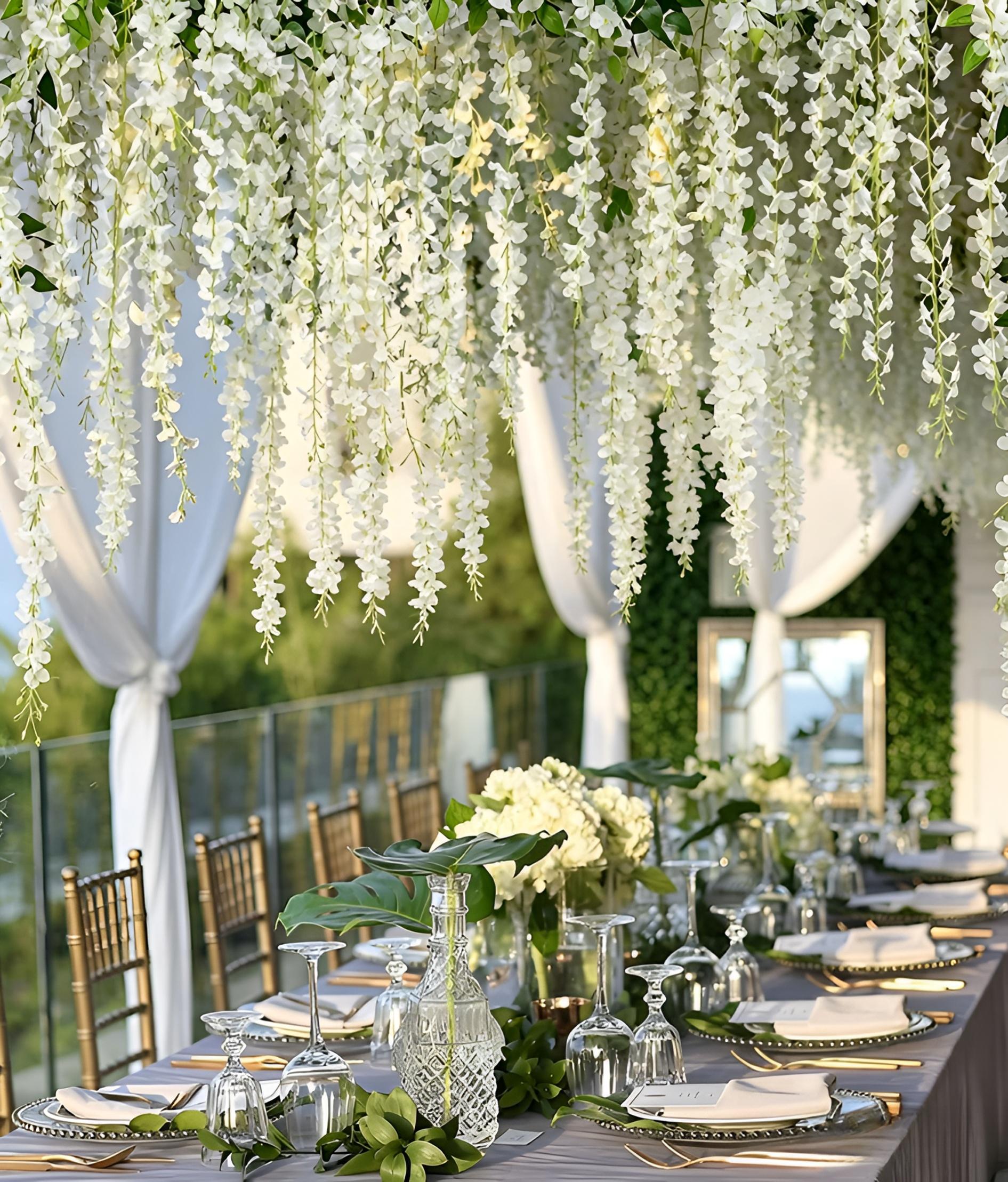 Dense Artificial Fake Wisteria Vine Ratta Hanging Garland 12Pcs 43.3 Inch/Piece Silk Flowers String Artificial Wisteria Flowers for Decorative Home Party Wedding Garden Decorations Artificial Flowers For Outside