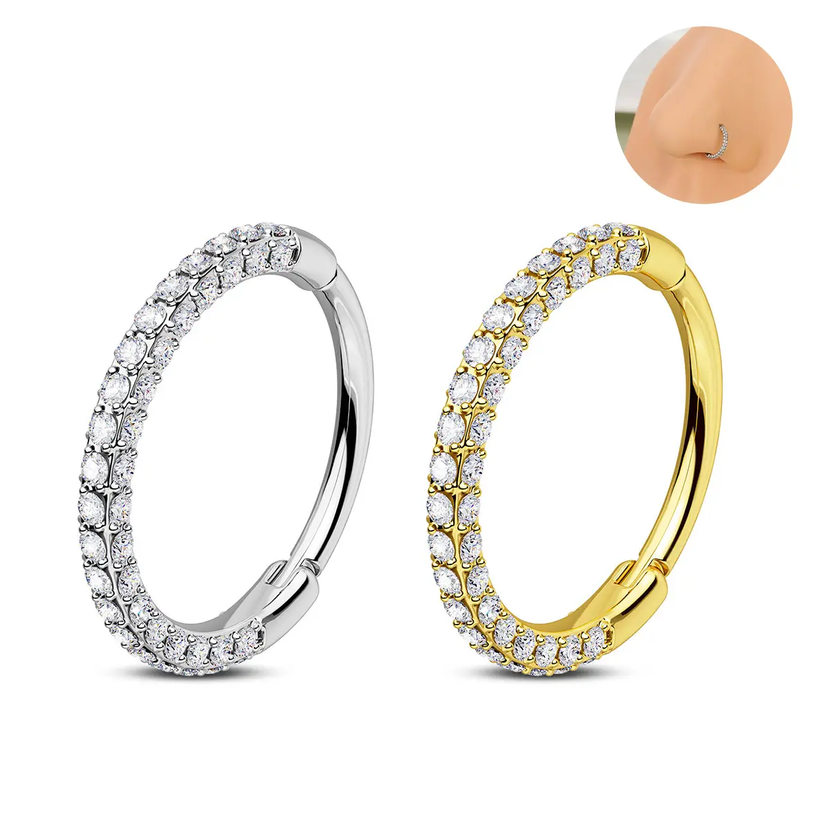 Oufer Women's 20G 316L Stainless Steel Hinged Segment Nose Rings - Triple Sided CZ Gems, Bling Effect, Argolla Style Piercing Jewelry, Chic Body Jewelry, Accessories for Women, Nose Jewelry
