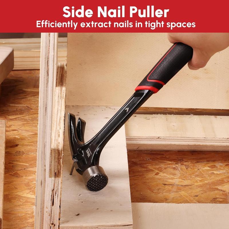 16 oz Straight Claw Hammer, Rip Claw Hammer with Side  Puller, Milled  & Shock Absorbing Grip, One- Forged Hammer