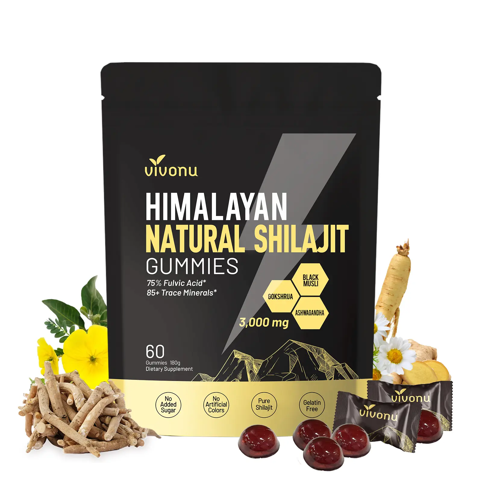 VivoNU Himalayan Shilajit Gummies | With Ashwagandha, Gokshura & other herbs | No added sugar | 60 Gummies