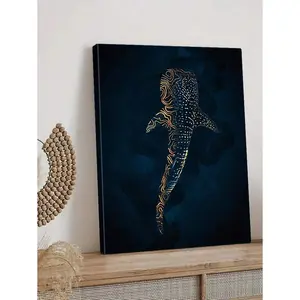 Whale Shark Abstract Canvas Wall Art, Navy Blue & Gold Ocean Animal Print, Modern Minimalist Coastal Decor, Unframed or Framed Available