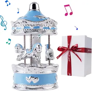 Carousel Music Box Gift Wrapped Ceramic Musical Carousel Color-Changing Lights Music Boxes for Girls Boys Kids Daughter Son Granddaughter Wife Mom Women Birthday Christmas (Blue Heart)