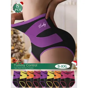 QUASTI Women's 8-Piece High-Waisted Seamless Panty Set - Polyester, Elastic, Smooth, Comfortable, Breathable, Hip-Lifting Crossover Detail, Tummy Control, Full Coverage, No-Show Shaping, Colorblock, Everyday Wear, S-XXL Fit