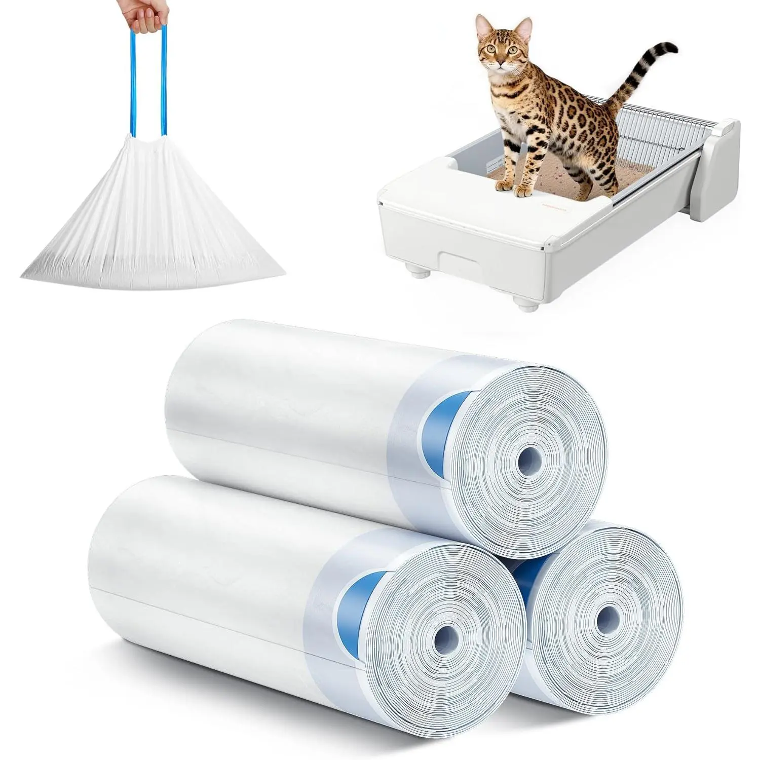 Meowant Plastic Cat Litter Box Liner for MW-SC03 Automatic Litter Box, 58 x 25 cm Strong & Resilient Heavy-Duty Drawstring Trash Bags (60PCS, 3 Rolls 20 Bags/Roll), 10kg Capacity Leakproof Extra Thick Liners