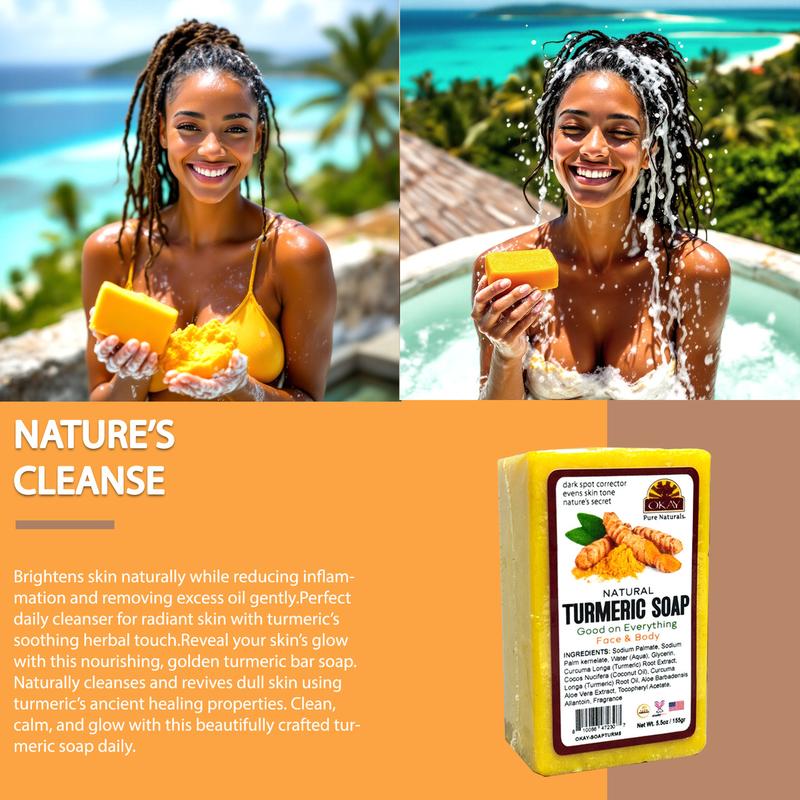 OKAY Pure Naturals Turmeric Soap Bar - Brightening, Dark Spot Correcting & Even Skin Tone Face & Body Cleanser - 5.5 oz