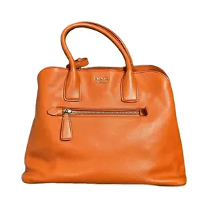 Pre-owned PRADA Leather Clutches & Wristlets Extra Large Saffiano Dome Satchel Handbag in Orange with Gold Tone Hardware