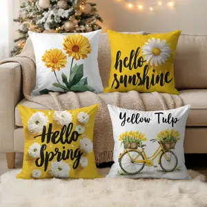 4-piece Spring Pillowcase Set, 18x18 inches, polyester blend, Hello Sunshine daisy pattern, spring/summer farmhouse style, yellow bicycle flower cushion cover, suitable for sofas and beds (pillow insert not included).