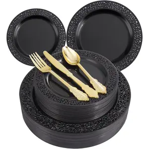 150 count Black Plastic Plates with  Plastic Silverware, Black Plates Disposable for Party Include 30 Dinner Plates 10.25", 30 Salad Plates7.5", 30 Forks, 30 , 30 Spoons