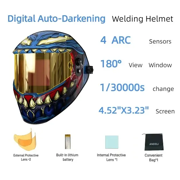 ANDELI Digital Auto-Dimming Welding Helmet with 180° View Window, Ultra-Clear Lens, 4.53"x3.23" Extra-Large Screen, Solar-Rechargeable Batteries, 560g Lightweight Design