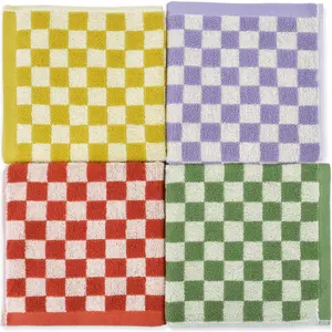 Wash Cloths for Showering Cotton Checkered 4 Pack 4 Colors - Cotton Washcloths for Face Body, 13 x 13 Inches Daily Cleansing Kitchen Towels