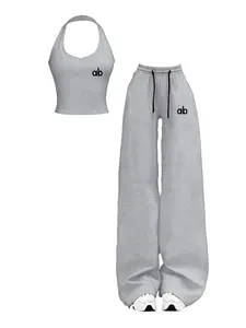 Women's Casual Two-Piece Set, High Stretch Breathable Fabric, Ab Letter Print Halter Top & Wide Leg Pants, Multicolor, Fitness Yoga Streetwear