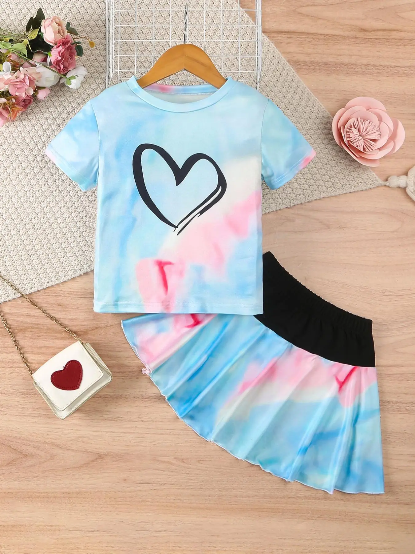 Girl's Tie Dye Print Short Sleeve Tee & Skirt Two-Piece Set, Casual Round Neck T-shirt & Skirt for Summer, Kids Clothes for Daily Wear