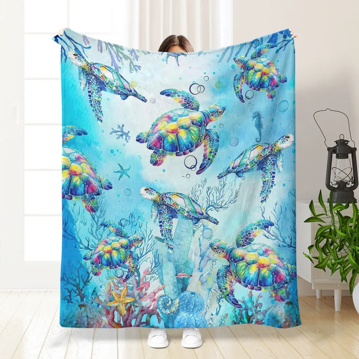 Turtle Flannel Blanket - Blue Coral Pillow, Suitable for Marine Life Enthusiasts, Suitable for Boys, Girls, Ladies, Adults, Family, Friends - Suitable for Sofas, Travel